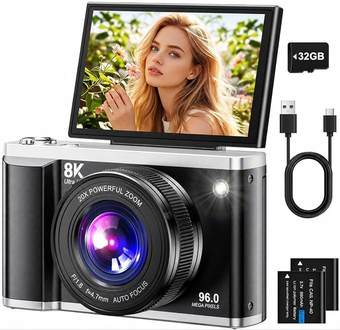 Digital Camera 8K 96MP with WiFi, 20X Digital Zoom Autofocus Vlogging Camera, 3.5" 180°Flip Screen Anti-Shake Compact Camera with 32GB SD Card & 2 Batteries for Teens Adults Beginners